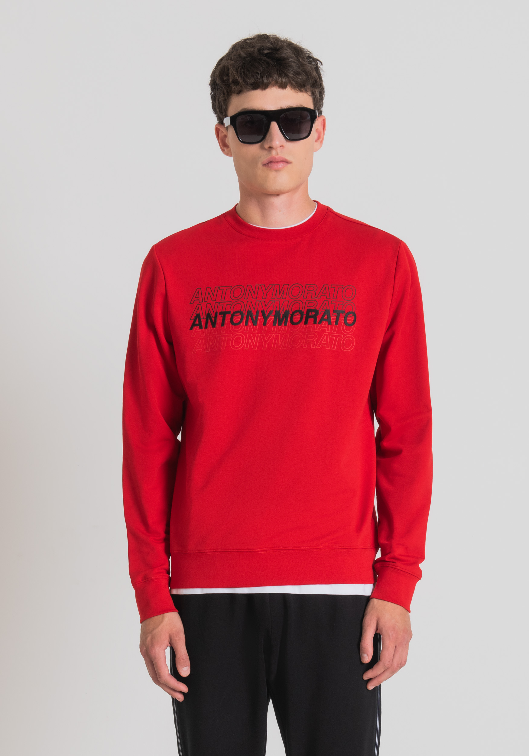 Antony Morato Sweat-Shirt Slim Fit En Coton Elastique Doux Avec Imprime Logo En Caoutchouc De Couleur Contrastante Rouge | Homme Sweat-Shirts