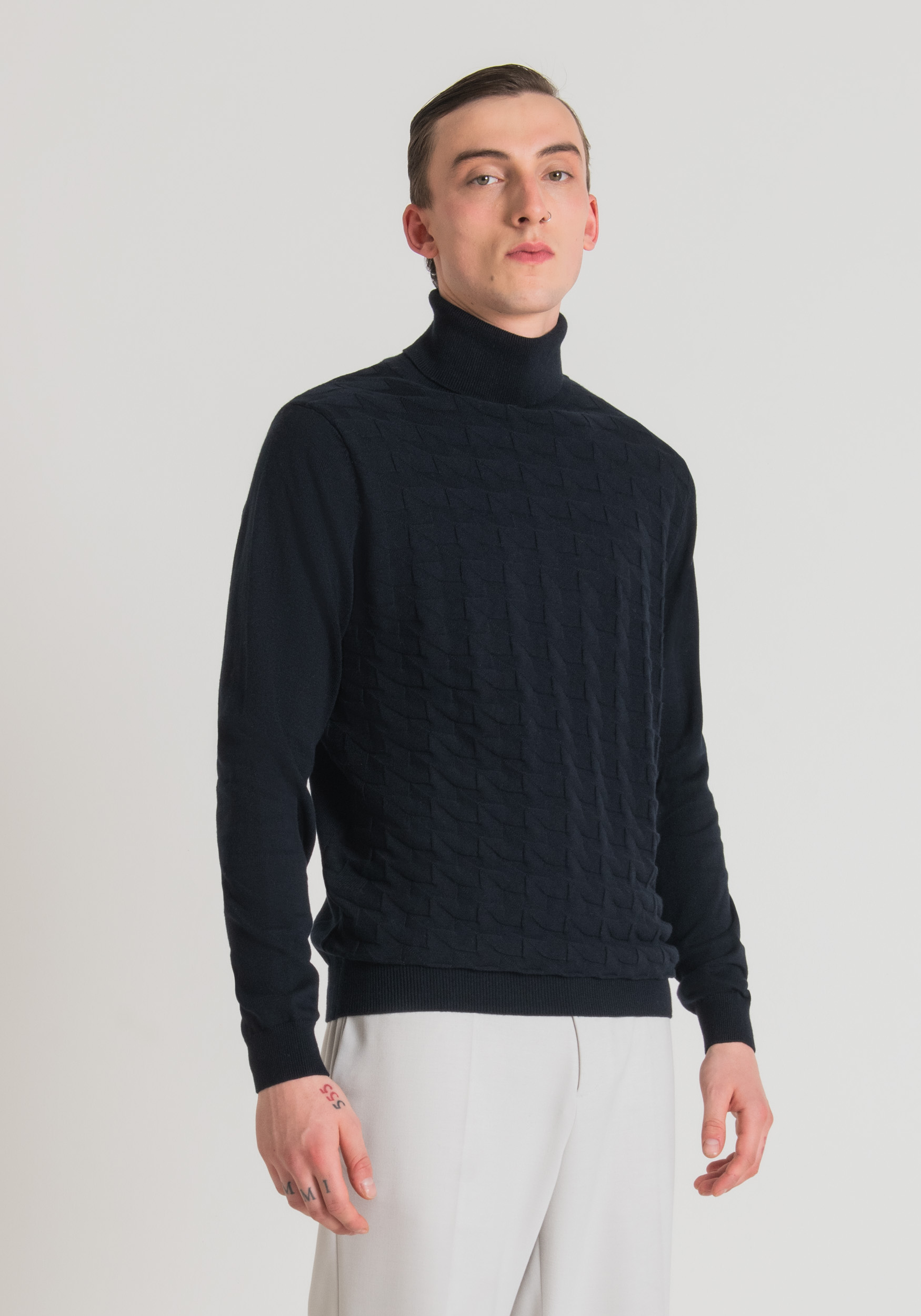 Antony Morato Pull Regular Fit En Fil De Coton Et Laine Melanges Avec Motif Jacquard 3D Encre Bleu | Homme Pulls