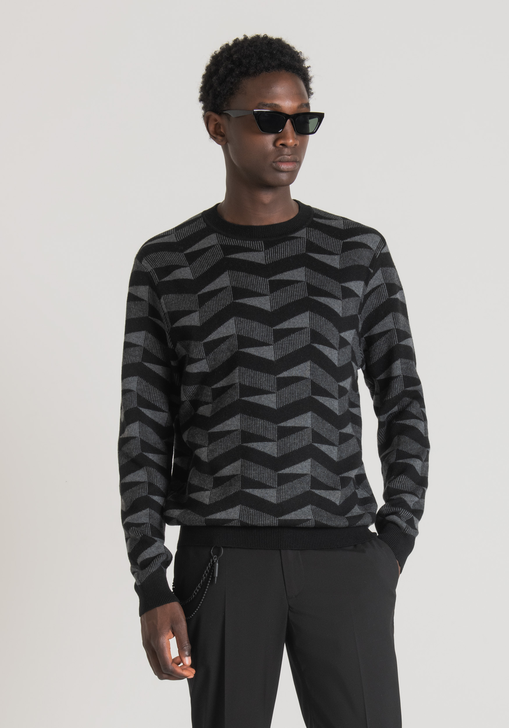 Antony Morato Pull Regular Fit En Fil De Laine Melangee Avec Motif Geometrique Gris Melange' Fonce' | Homme Pulls