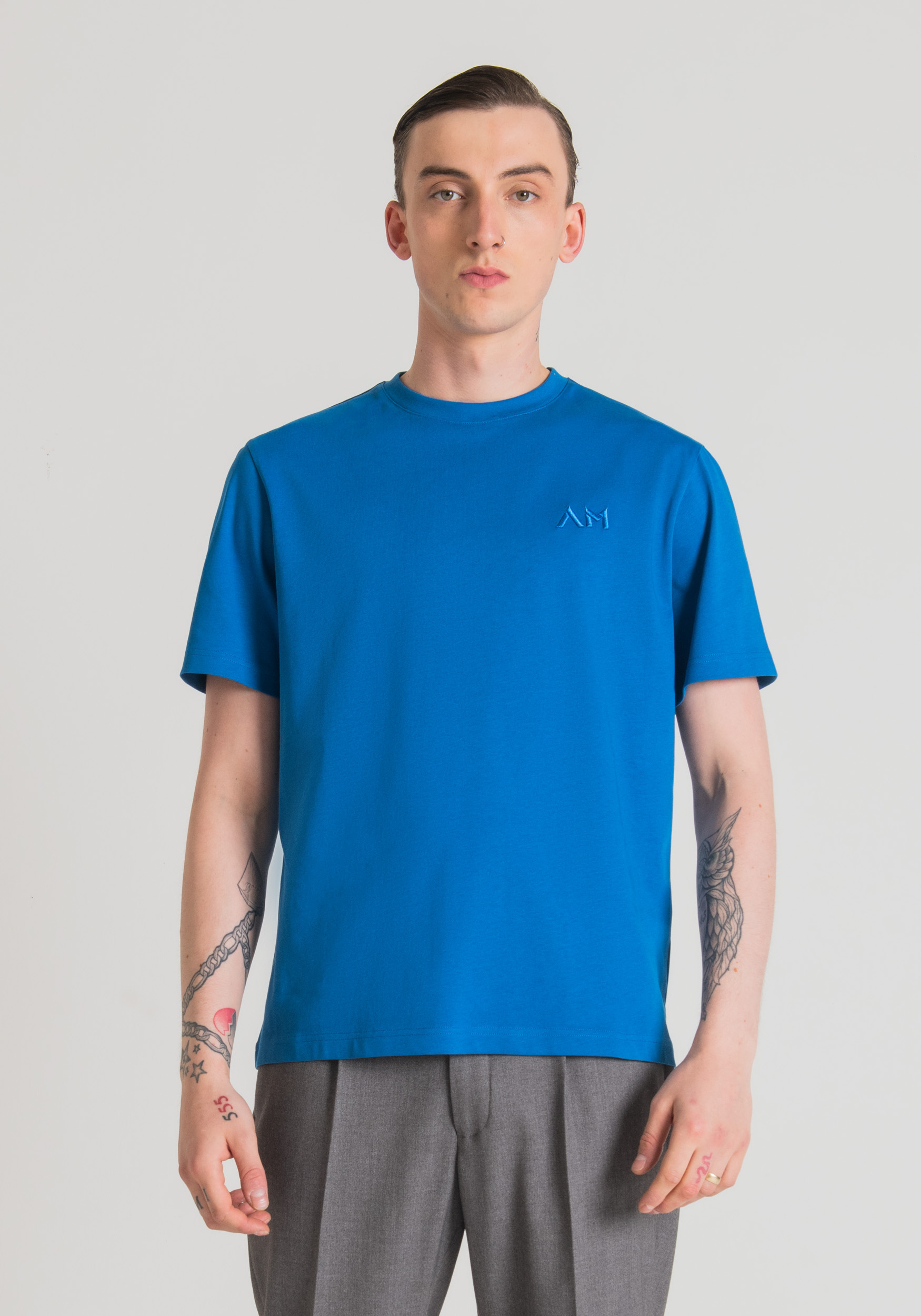 Antony Morato T-Shirt Over Fit En Pur Coton Avec Logo Brode Cobalt | Homme T-Shirts Et Polos