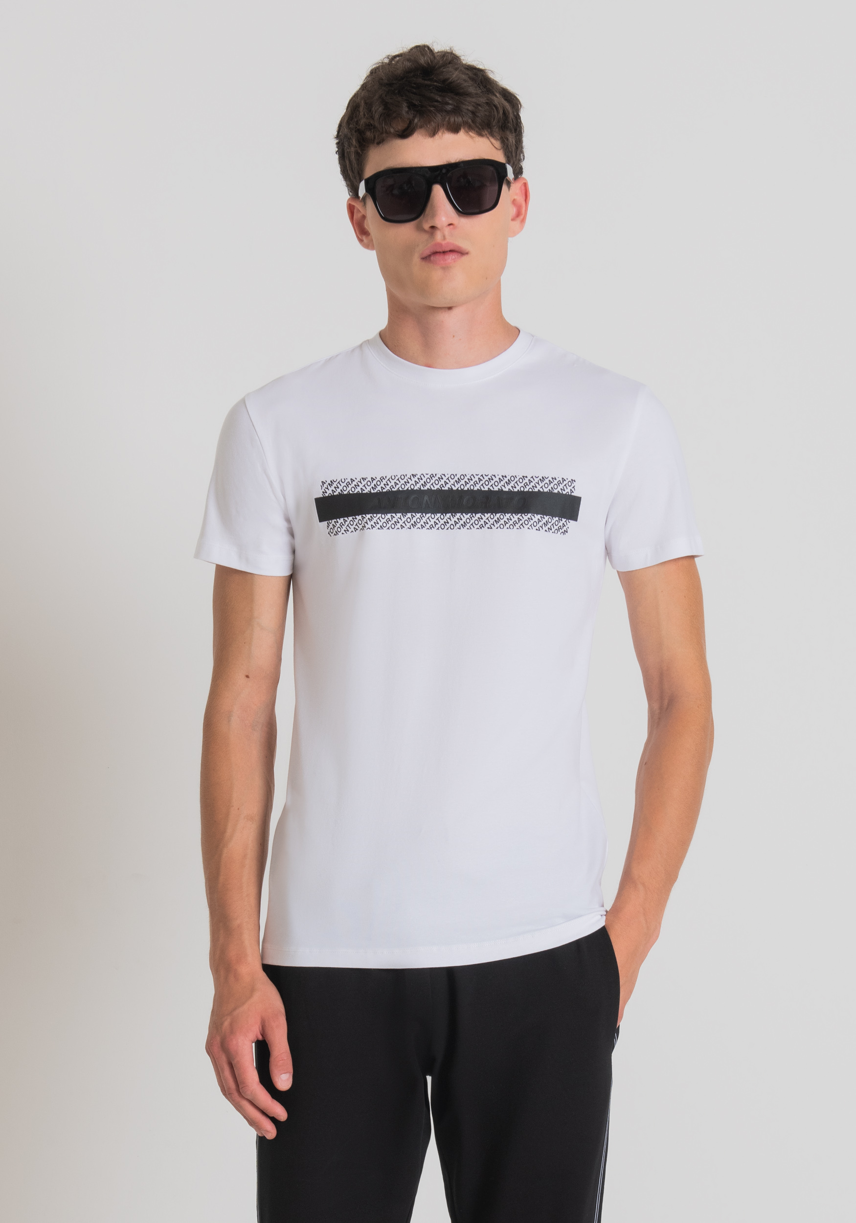 Antony Morato T-Shirt Super Slim Fit En Coton Stretch Avec Logo En Relief Blanc | Homme T-Shirts Et Polos