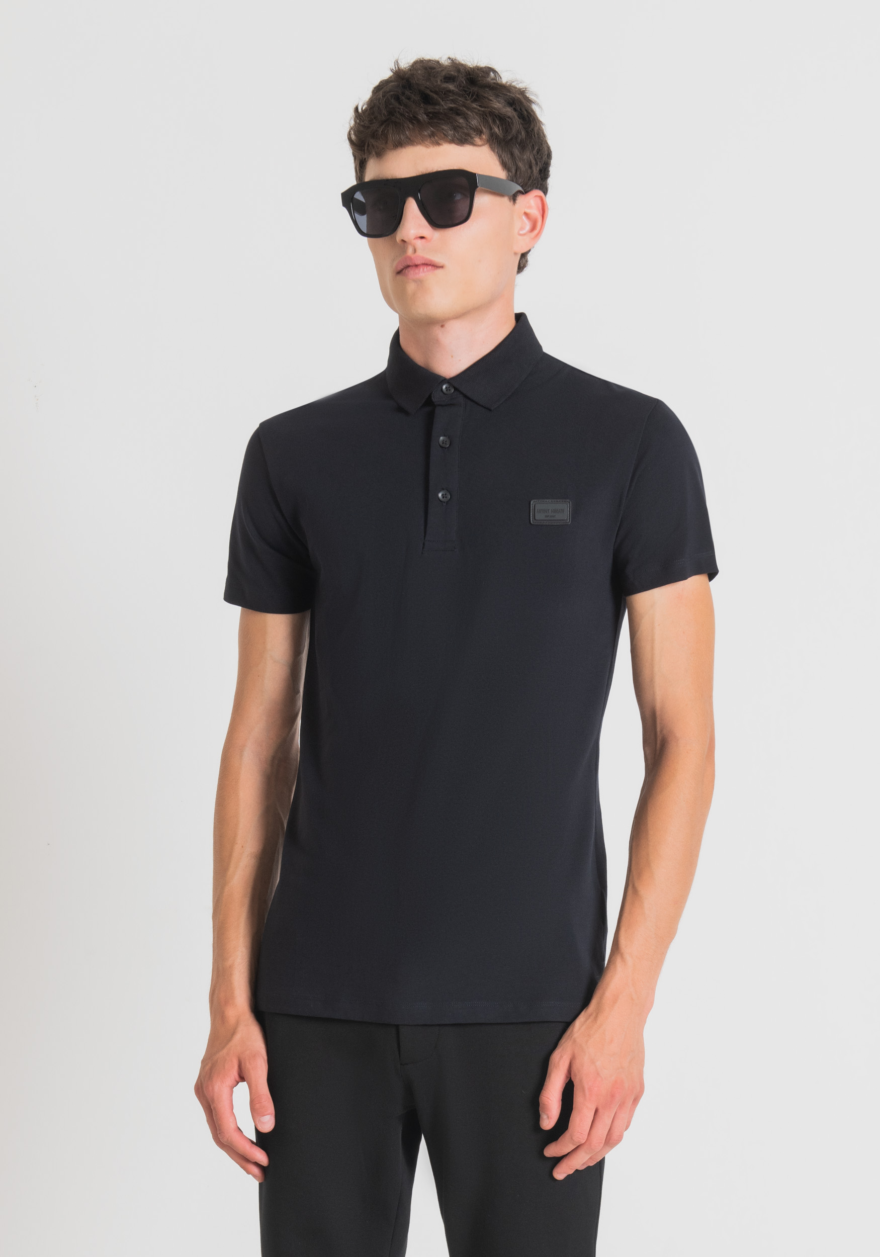 Antony Morato Polo Super Slim Fit En Coton Stretch Avec Plaque Logotypee Noir | Homme T-Shirts Et Polos