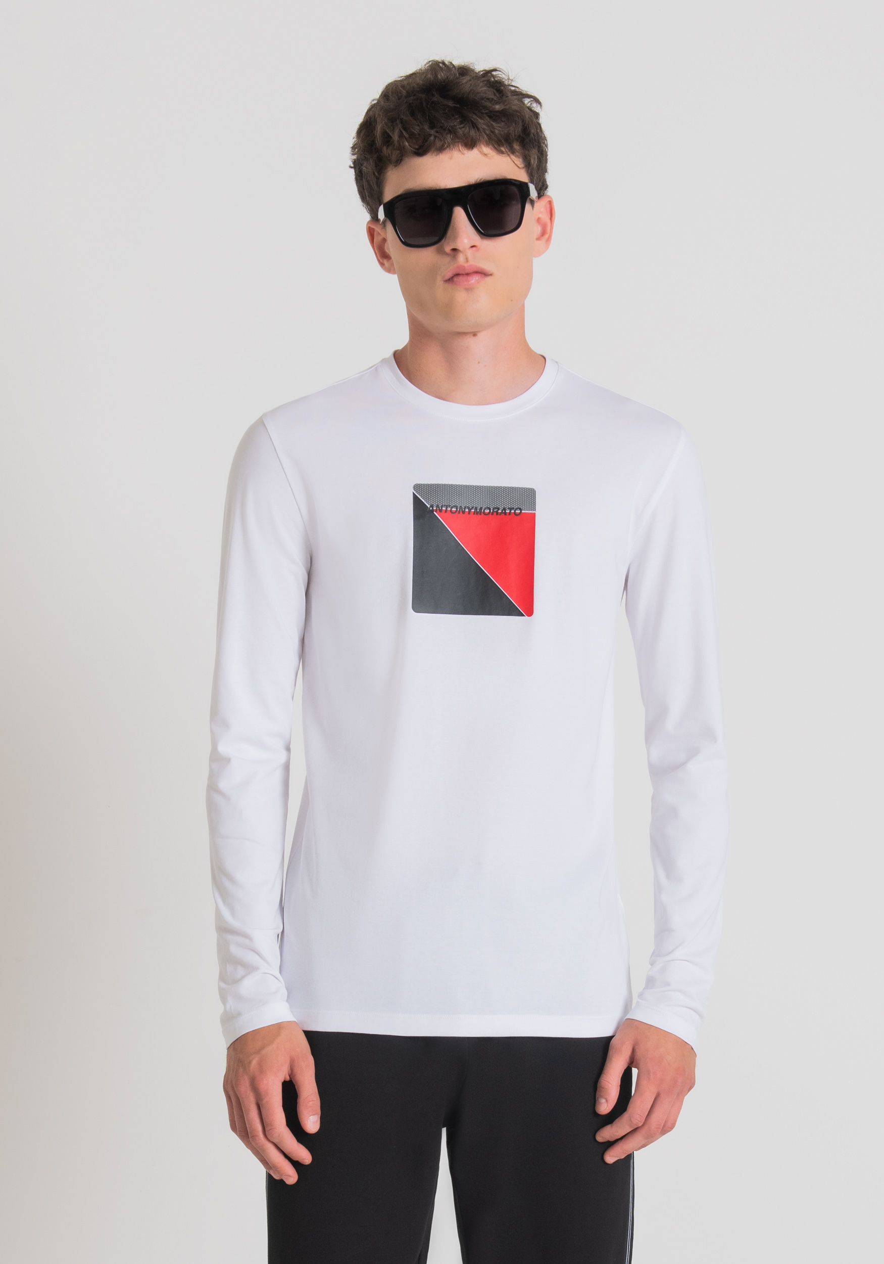 Antony Morato T-Shirt Super Slim Fit A Manches Longues En Coton Elastique Avec Imprime Logo En Caoutchouc Blanc | Homme T-Shirts Et Polos