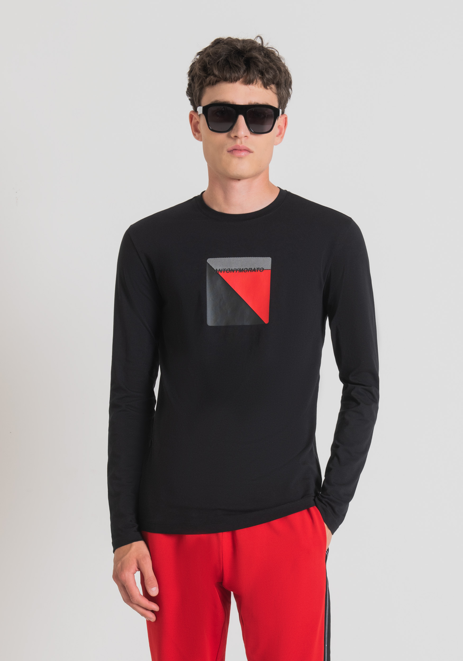 Antony Morato T-Shirt Super Slim Fit A Manches Longues En Coton Elastique Avec Imprime Logo En Caoutchouc Noir | Homme T-Shirts Et Polos
