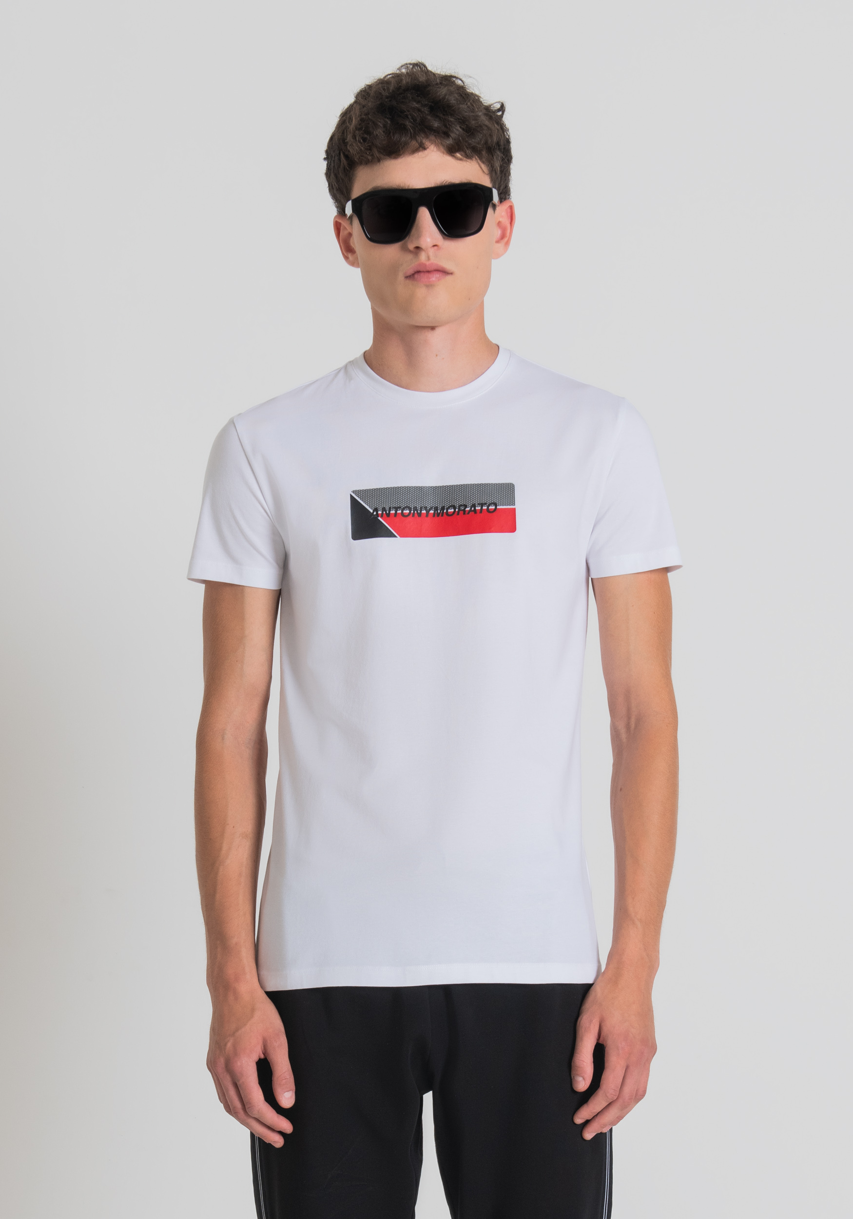 Antony Morato T-Shirt Super Slim Fit En Coton Elastique Avec Imprime Sur Le Devant Blanc | Homme T-Shirts Et Polos